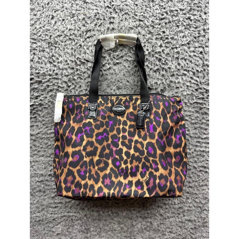 NWT Coach Leopard Print Nylon Weekender Tote Bag Multicolor w/ Pouch 11 x 8.5 - Picture 1 of 11